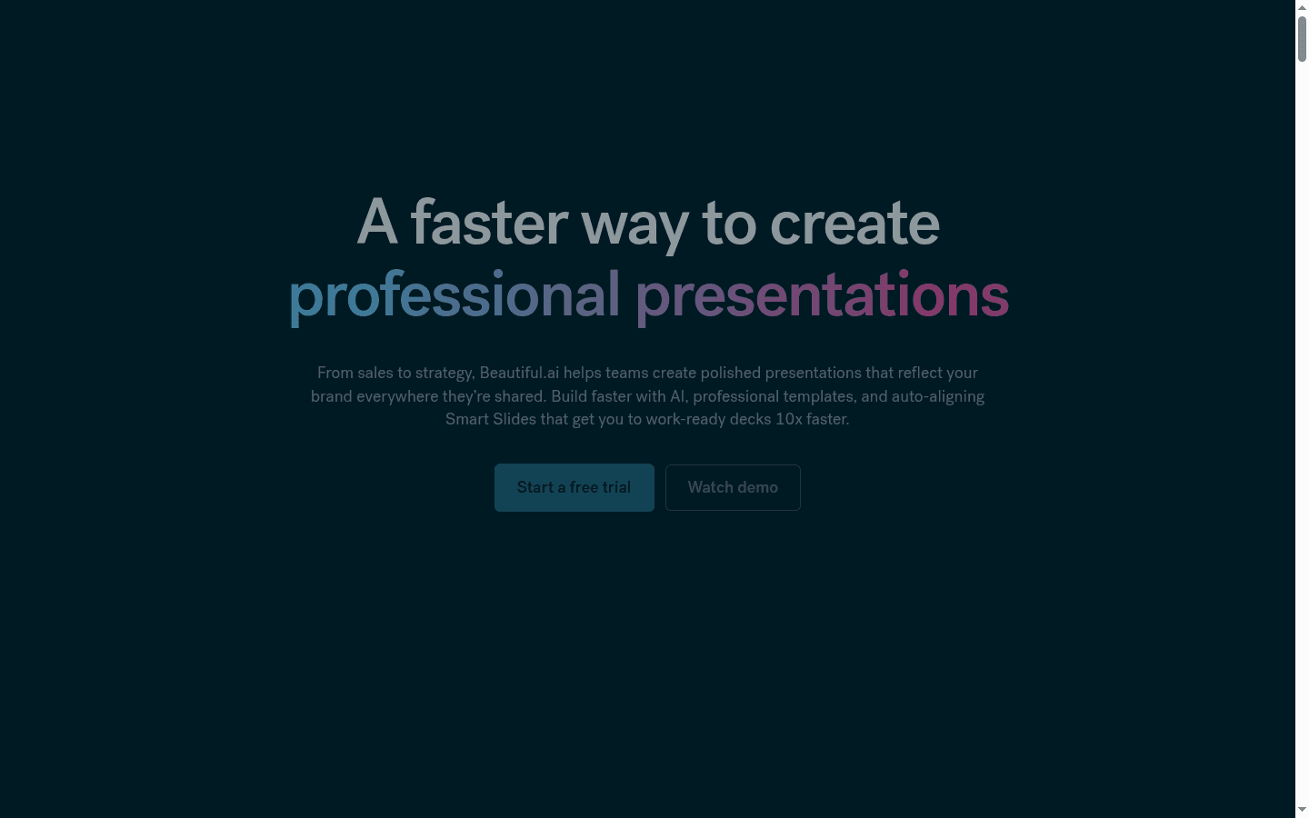 Beautiful.ai homepage showing a Sales Performance Overview slide in the presentation editor mock