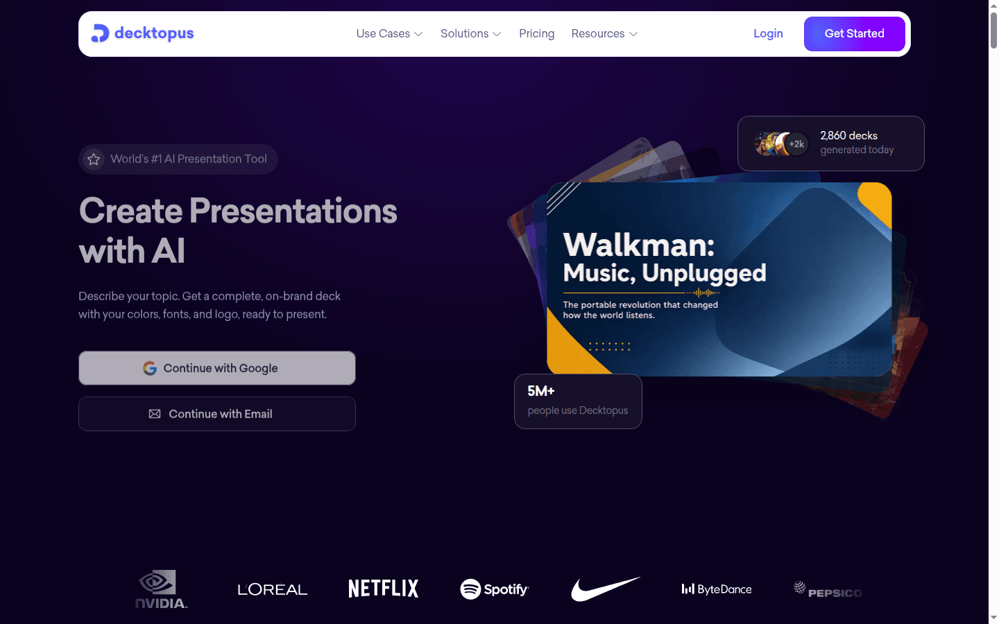 Decktopus homepage showing Create Presentations with AI and a Mars Colonization deck stack