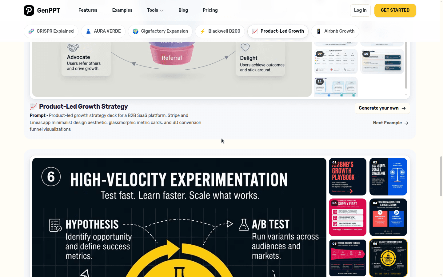 GenPPT examples page showing Product-Led Growth and Airbnb Growth generated deck previews