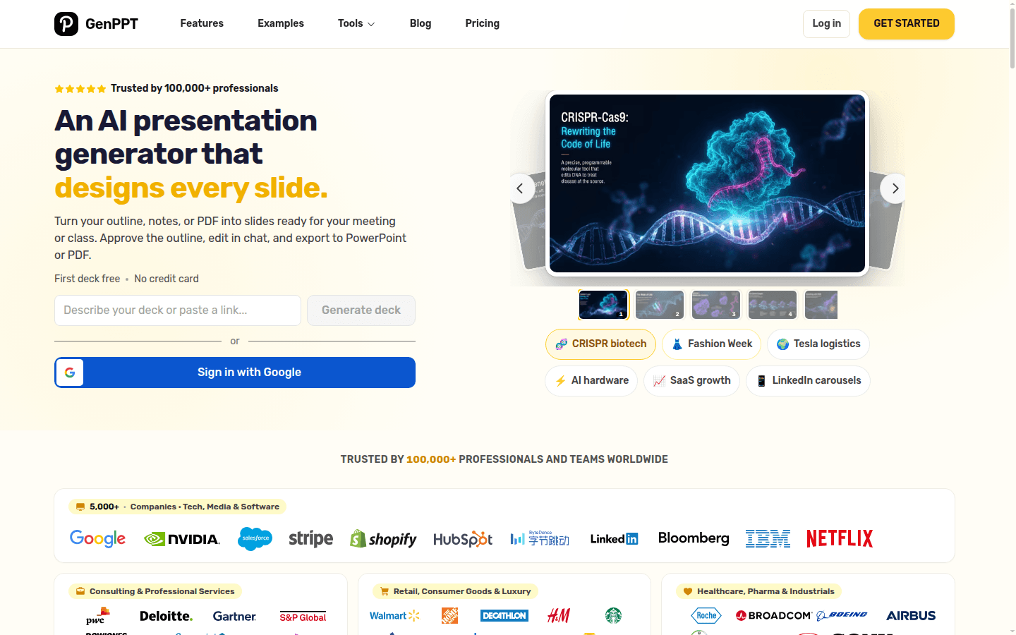 GenPPT homepage hero showing the AI presentation generator prompt, generated deck carousel, and trusted teams grid