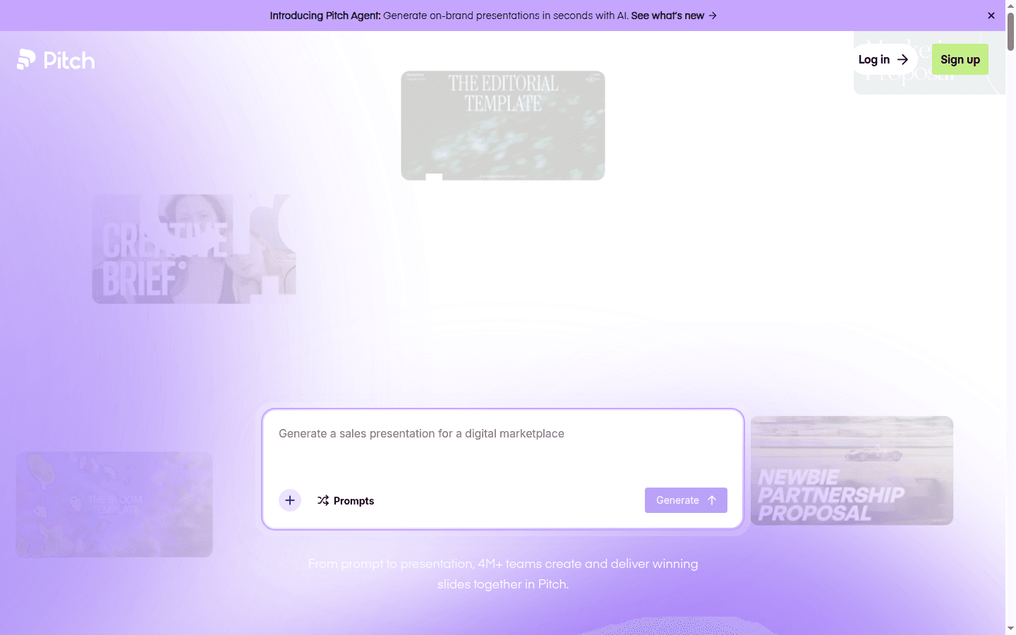 Pitch homepage showing Create slides that win with an AI prompt box and template wall