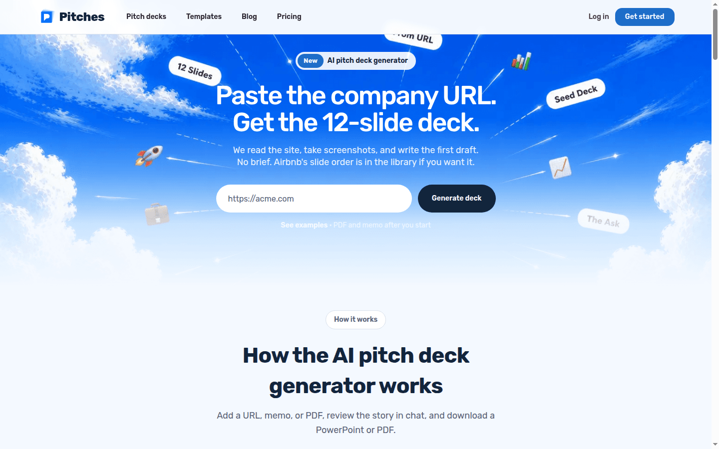 Pitches.ai homepage hero showing the Paste the company URL and Get the 12-slide deck prompt