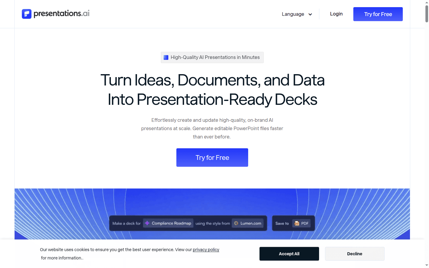 Presentations.AI homepage showing Turn ideas documents and data into presentation-ready decks with prompt UI strip