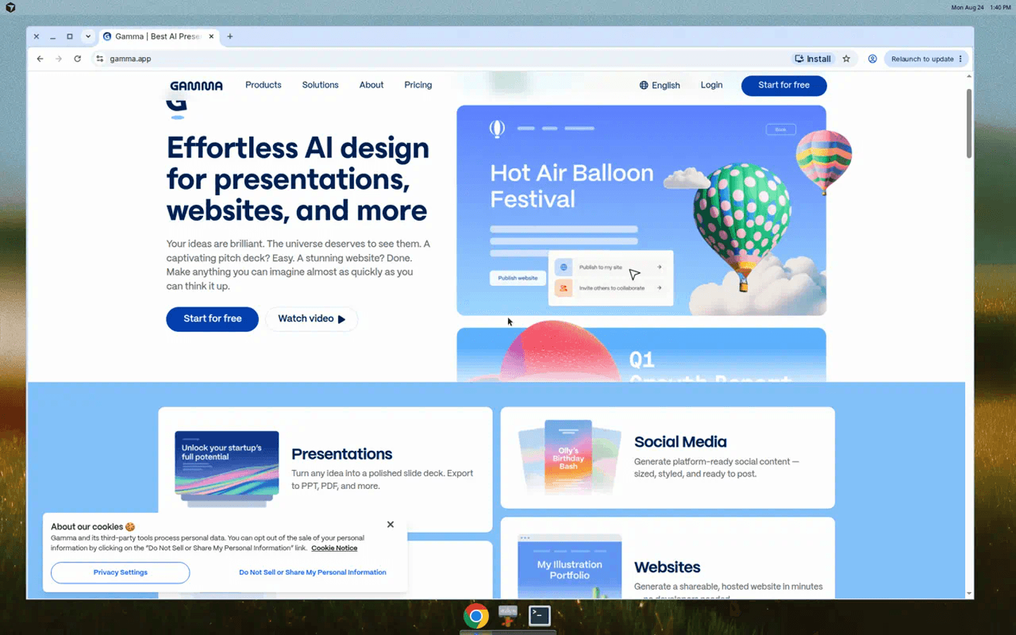 Gamma homepage showing AI design for presentations with product card examples and a cookie banner