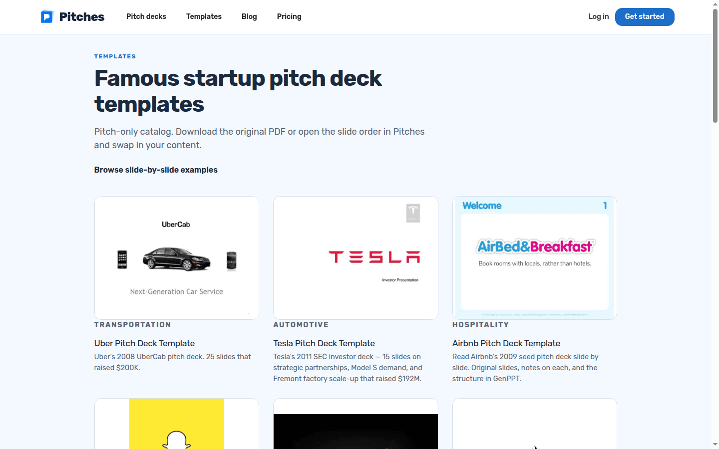 Pitches.ai templates page showing famous startup pitch deck templates for Uber, Tesla, and Airbnb