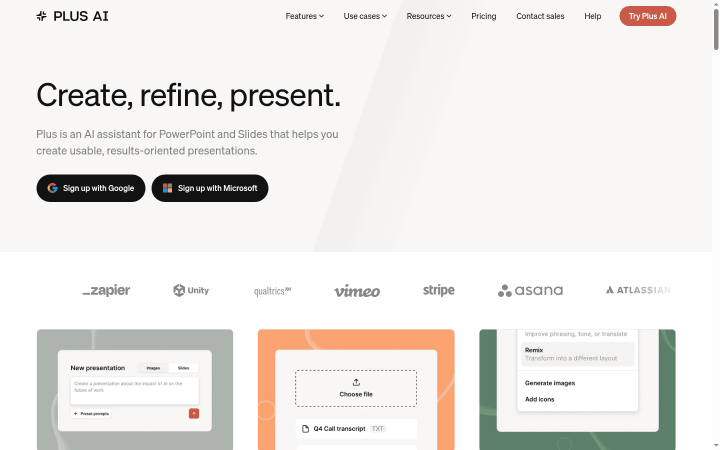 Plus AI homepage showing sign-up options and three product UI cards for presentation generation