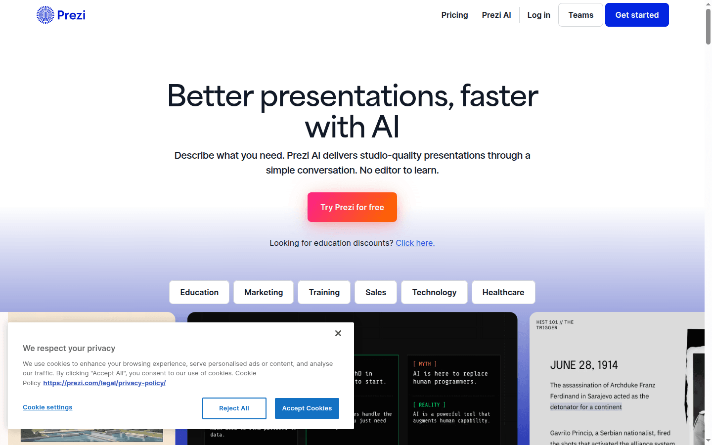 Prezi homepage showing Better presentations faster with AI and category buttons