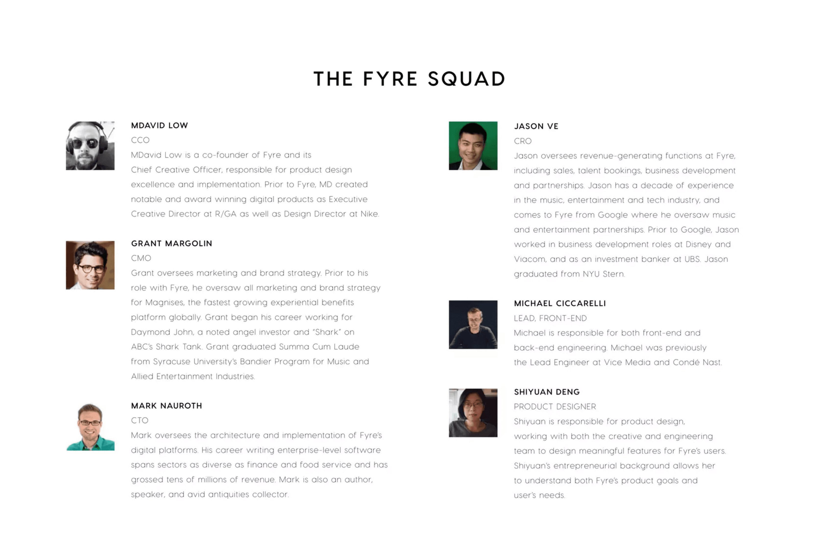 Fyre Festival pitch deck, Executive team