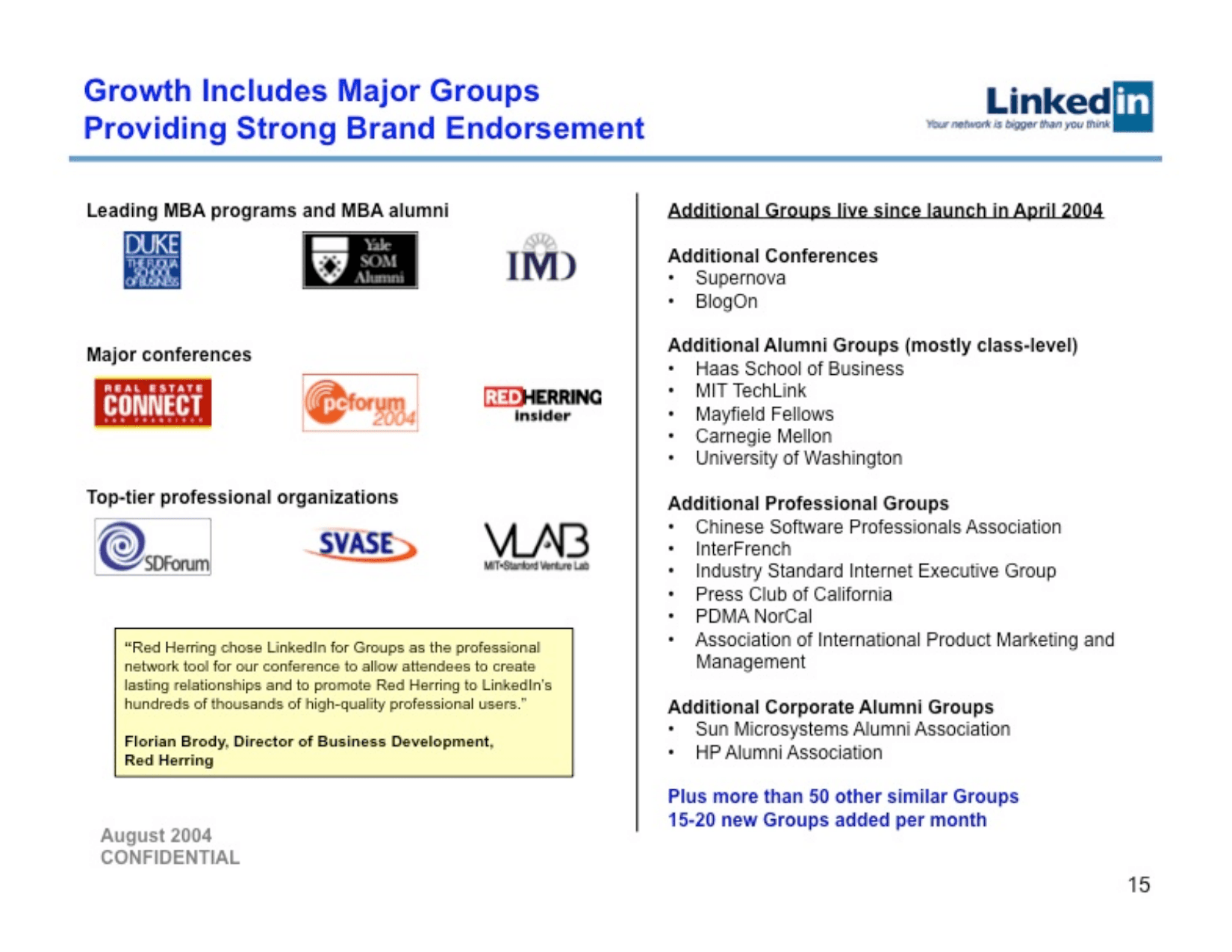 LinkedIn pitch deck, Groups and brand endorsement