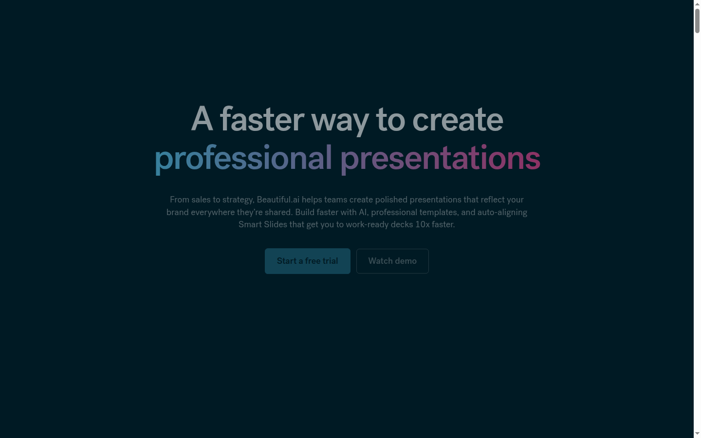 Beautiful.ai homepage showing a Sales Performance Overview slide in the presentation editor mock