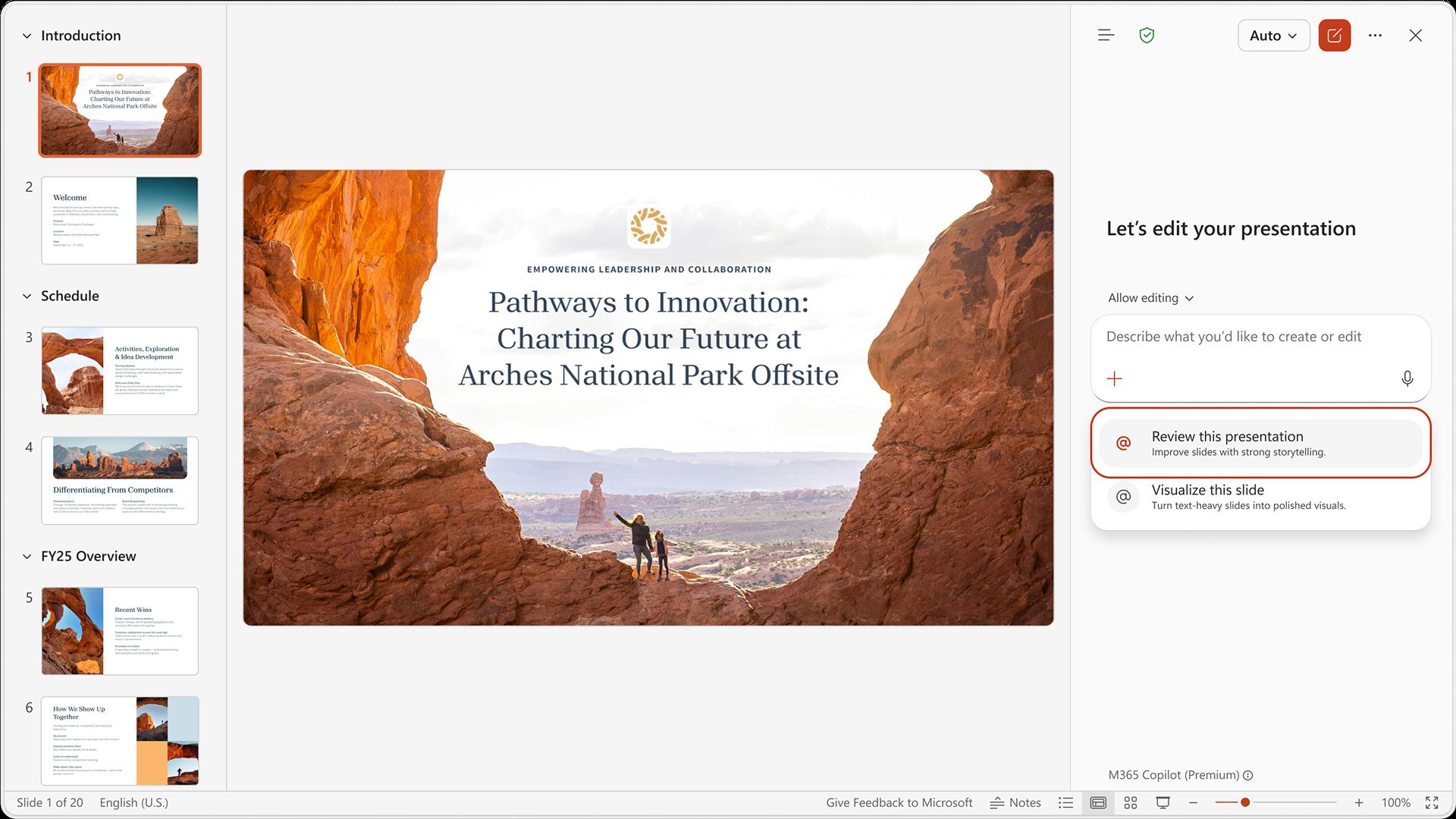 Microsoft support screenshot of Copilot reviewing a PowerPoint presentation