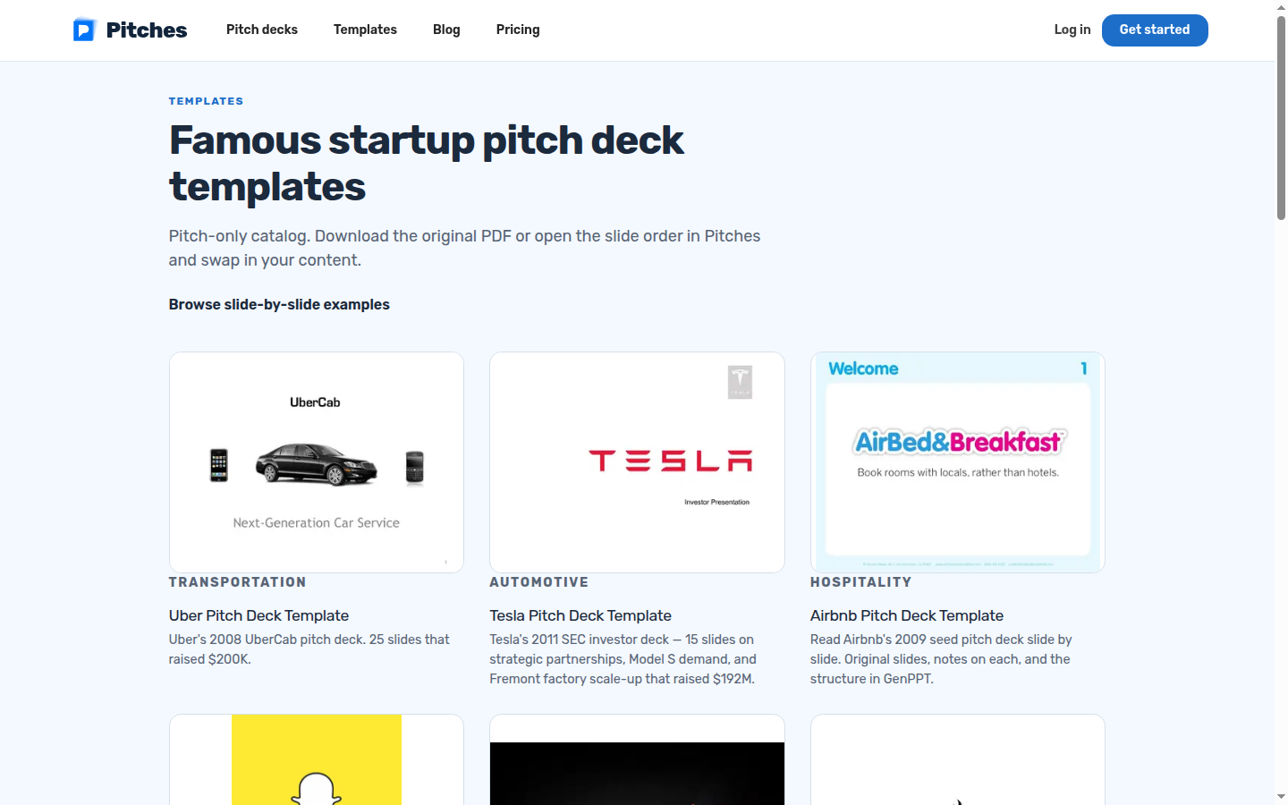 Pitches.ai templates page showing famous startup pitch deck templates for Uber, Tesla, and Airbnb