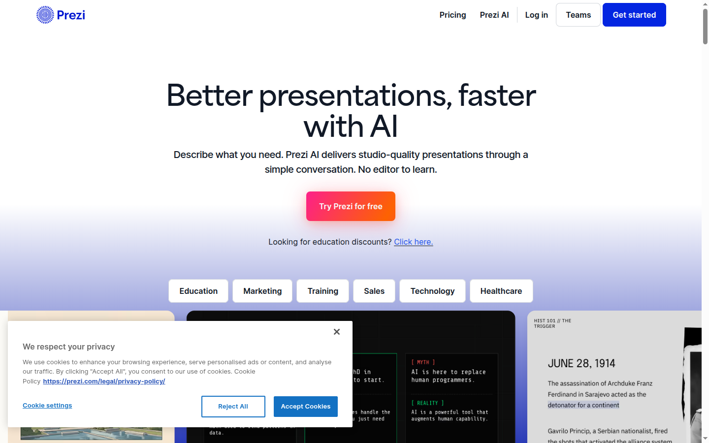 Prezi homepage showing Better presentations faster with AI and category buttons